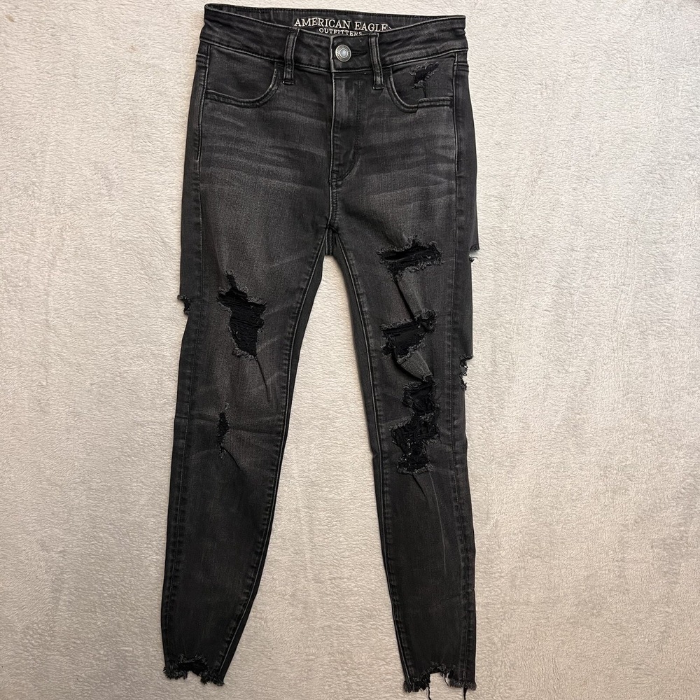 American Eagle High Rise Jegging Women 0 Black Distressed Super Stretch X
